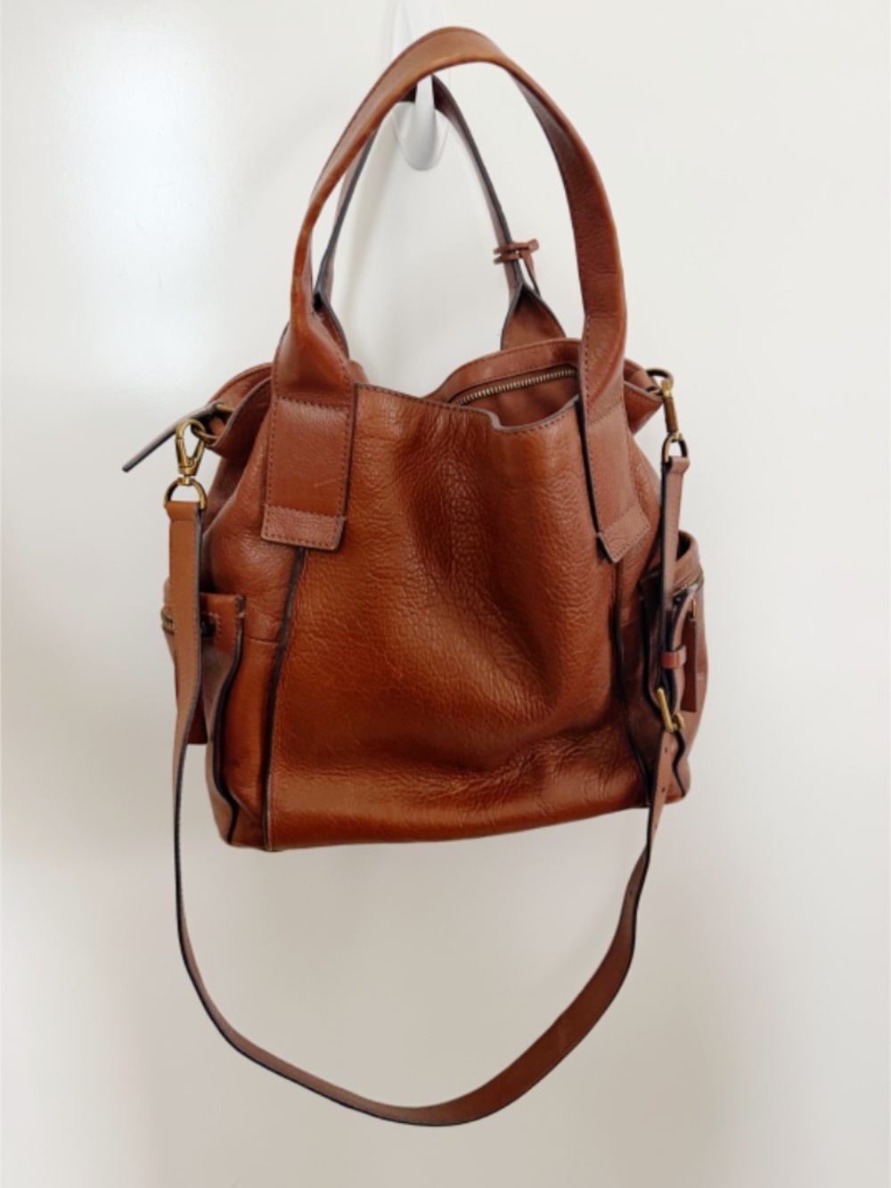 Fossil Emerson Medium Pebbled Leather Satchel Handbag Cognac/Brown - Picture 4 of 14